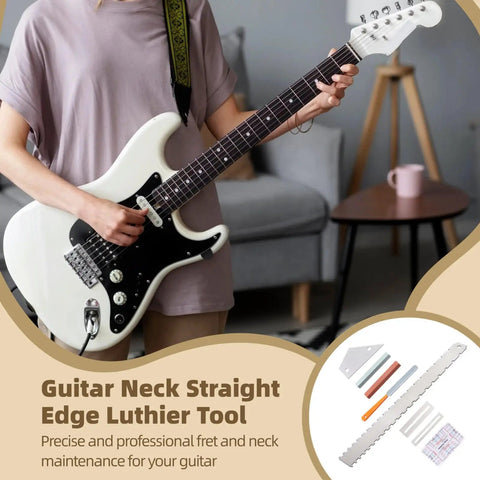 Person playing electric guitar with 8 Piece Guitar Neck Straight Edge Kit With Notched Straight Edge, Fret Rocker, Fret File shown