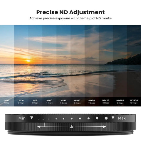 Dope 67mm Variable ND Filter 1 To 10 Stop For Phone And DSLR Cameras with exposure steps on beach at sunset