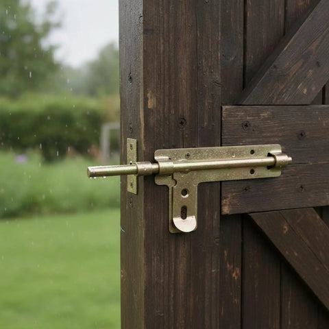Badass Heavy Duty Slide Bolt Latch For Secure Garden Gates Barn Doors And Tight Garage Closures Featuring Smooth Manual Operation And Rust Proof Weathered Coating, installed on a wooden door.
