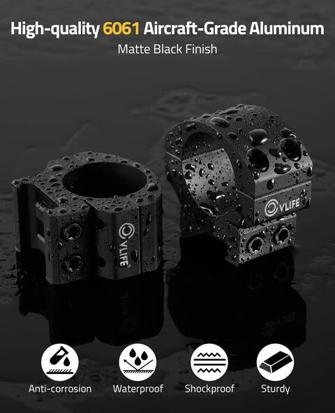 Rock Solid One Inch Low Profile Scope Rings For Standard Picatinny Rails With Locked Down Recoil Stop Precision Rifle Optic Mount Brackets Two Pack Range Ready, matte black, 6061 aluminum, waterproof design.