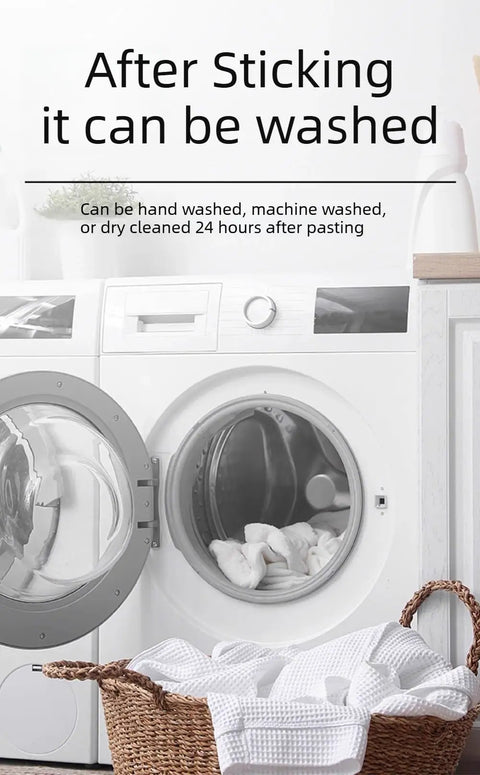 Easy No Sew Hemming Tape Fabric Adhesive DIY Friendly for quick hem fixes shown in washing machine demonstrating washability.