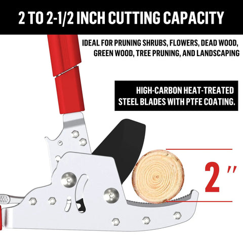 Heavy Duty Extendable Loppers With Telescopic 28 To 41 Inch Reach Double Ratcheting Anvil Branch Cutter showing 2-inch cutting capacity.