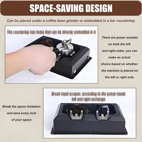 Heavy Duty Electric Espresso Knock Box With Automatic Puck Extractor, space-saving design for bar countertops and grinders.