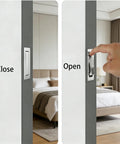 Heavy Duty Satin Nickel Pocket Door Handles Featuring Flush Edge Pull Design With Self Retracting Glide For No Sweat Indoor Outdoor Install Plus Tough As Nails 304 Stainless Steel Construction And Sleek Vibe, shown in open and close positions.