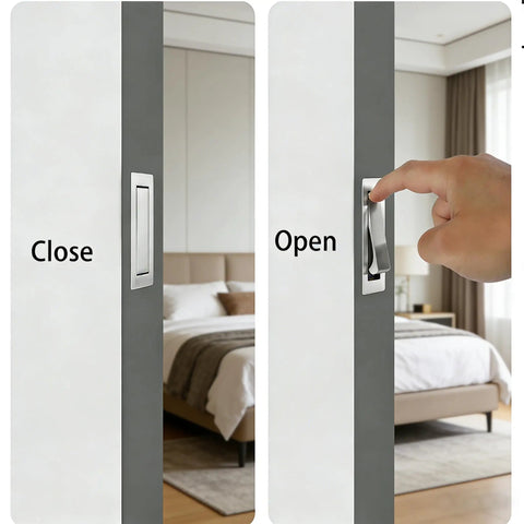 Heavy Duty Satin Nickel Pocket Door Handles Featuring Flush Edge Pull Design With Self Retracting Glide For No Sweat Indoor Outdoor Install Plus Tough As Nails 304 Stainless Steel Construction And Sleek Vibe, shown in open and close positions.