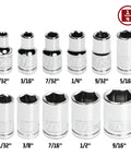 Heavy Duty 11 Piece 1/4 Inch Drive SAE Socket Set With Six Point Chrome Vanadium Heads and Z Drive design, displayed sizes.