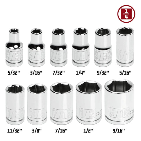 Heavy Duty 11 Piece 1/4 Inch Drive SAE Socket Set With Six Point Chrome Vanadium Heads and Z Drive design, displayed sizes.