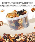 Divided compartment for nuts in Two Pack Overnight Oats Jars With Lids And Folding Spoons, featuring various nuts and dried fruits.