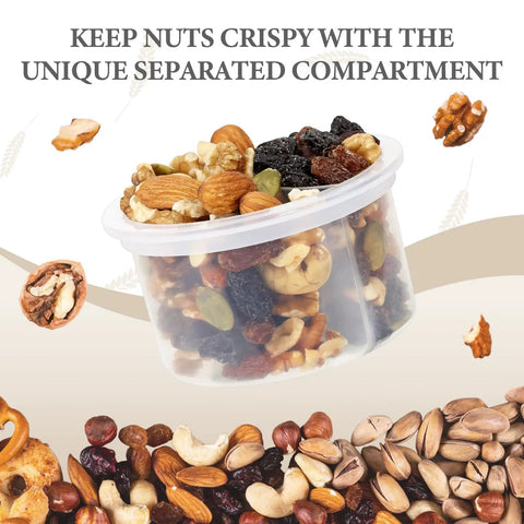 Divided compartment for nuts in Two Pack Overnight Oats Jars With Lids And Folding Spoons, featuring various nuts and dried fruits.