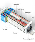 Top Shelf 100 Piece Push In Terminal Blocks For Smooth Screwless Wiring Featuring Heavy Duty PA66 Housing and Copper Contacts with guide rail.