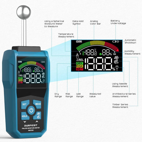 Pin And Pinless Workhorse Moisture Meter With Color LCD And Acoustic Alarm Dual Mode For Wood And Construction Moisture Gauge Detects 20 To 40 Millimeter Wall Thickness And Works On Concrete Masonry Drywall And Other Materials, front view