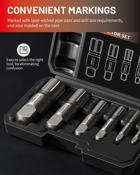 Heavy Duty Pipe Extractor Set For Removing Broken Damaged Threaded Pipes And Fittings From One Eighth Inch To One Inch With Durable Storage Case Six Piece Kit For Pro Plumbers And DIYers with convenient markings in storage case