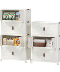Premium Stackable Storage Bins With Smooth Rolling Wheels And Secure Snap Lids Game Changing Hella Spacious Plastic Organizers Fold Flat For Garage Closet Pantry 3 Pack Cream White shown stacked, featuring open doors revealing contents.