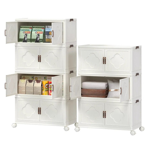 Premium Stackable Storage Bins With Smooth Rolling Wheels And Secure Snap Lids Game Changing Hella Spacious Plastic Organizers Fold Flat For Garage Closet Pantry 3 Pack Cream White shown stacked, featuring open doors revealing contents.