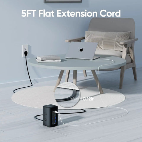 Sick Desk Organization Hack That Slaps With 230W Fast Charging Tower Featuring Eight Smart USB Ports For Laptops Phones And Tablets Vertical Power Strip on a table with a laptop.