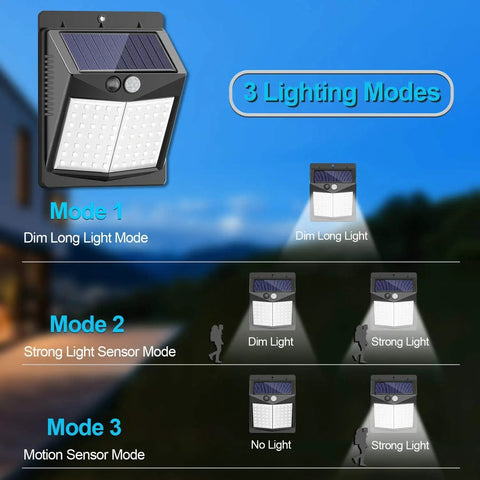 Solar Motion Sensor Outdoor Lights With 3 Modes And 150 Degree Detection IP65 Waterproof Ultra Bright Pathway And Yard Security Lighting For Garden Porch And Backyard showing 3 lighting modes