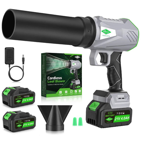 Cordless Leaf Blower With Dual Battery System And Charger, One-Touch Hands-Free Lock For Airflow, 395 CFM Power, shown with accessories