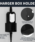 Built Tough EV Charger Holder Wall Mount Kit With J1772 Cable Dock showing charger box size 4.92x3.45 inches, black design and cable protection.