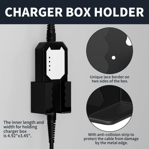 Built Tough EV Charger Holder Wall Mount Kit With J1772 Cable Dock showing charger box size 4.92x3.45 inches, black design and cable protection.