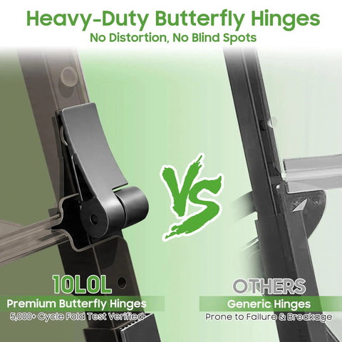 Heavy Duty Top Tier Golf Cart Windshield For Club Car Precedent showing premium butterfly hinges and comparison with generic hinges.