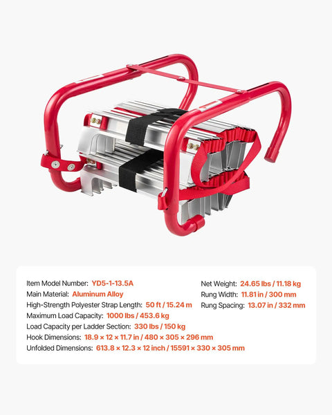 Grab And Go Emergency Fire Escape Ladder For Homes And Apartments, 5 To 6 Story 50 Foot Retractable Aluminum Alloy Ladder With Wide Anti Slip Rungs, Durable Polyester Strap, Lightweight And Ready To Deploy, Supports Up To 1000 Lbs. folded aluminum alloy emergency fire escape ladder with red hooks and 50 ft polyester strap
