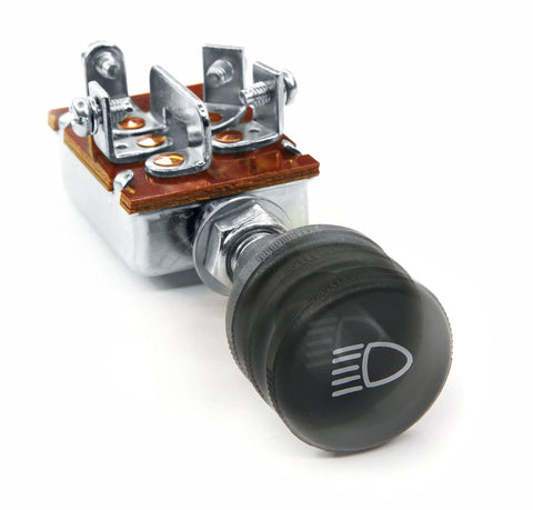 Universal Two Position Push Button Headlight Switch With OFF Parking Lamp And Headlight Modes Beefed-Up Heavy Duty 12V 24V Vehicle Switch 10A At 12V And 6.6A At 24V Fits Cars Trucks Buses Tractors AM 710C black push-button headlight switch with metal terminals