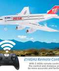 Ready To Fly A380 RC Airplane With 6 Axis Gyro Stabilizer flying over landscape with 2.4GHz remote control shown below