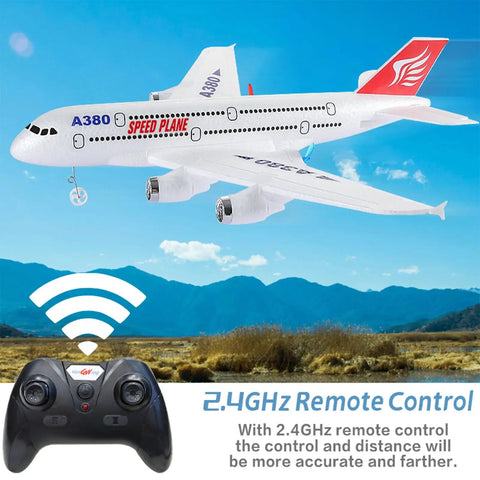 Ready To Fly A380 RC Airplane With 6 Axis Gyro Stabilizer flying over landscape with 2.4GHz remote control shown below