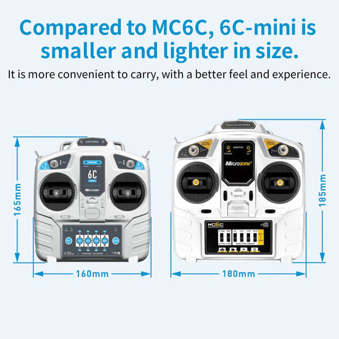 Comparison of Six Channel RC Transmitter And Receiver Kit With 2 4 GHz Radio Control showing MC6C and 6C-mini sizes.