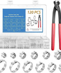 120 Piece Stainless Steel Single Ear Hose Clamp Kit With Pincer Tool, 12 Sizes For Automotive, Plumbing, Garden And Industrial Use