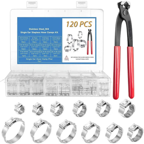 120 Piece Stainless Steel Single Ear Hose Clamp Kit With Pincer Tool, 12 Sizes For Automotive, Plumbing, Garden And Industrial Use