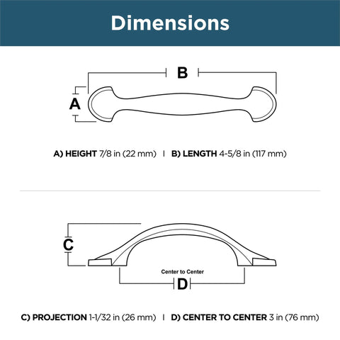 Dimensions diagram for 10 Pack Satin Nickel Cabinet Handles With 3 Inch Center To Center Holes Half Round Spoon Foot Casual Drawer Pulls For Kitchen Cabinets, Cabinet Doors, Dressers, And Furniture Makeovers, showing measurements.