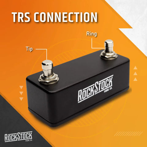 Dual Foot Switch Pedal For Guitar Effects With TRS Expansion To Extend Your Auxiliary Guitar Effects Processor Hand Wired And Built For The Road Matte Black Gig Ready Gear, showing two TRS switches labeled tip and ring.