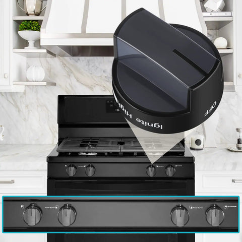 Replacement Black Gas Stove Knobs For Cooktop Surface Burners Durable ABS Build Fits Whirlpool Range Stove Oven Replaces WPW10339442 PS11753188 4 Pack Easy To Install showing on a black stove.