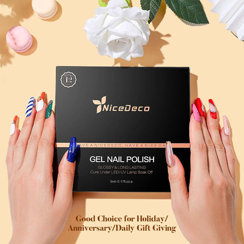 Cat Eye Gel Nail Polish Kit 12 Color Soak Off LED UV Gel Nails box with manicured hands holding it