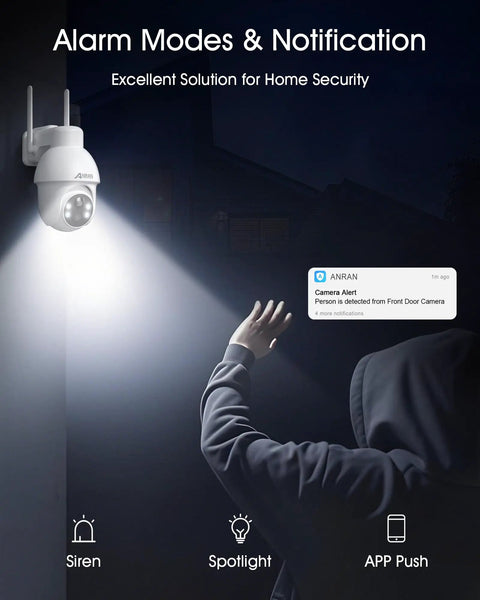 Solar Powered 2K Outdoor Security Camera With 360 Degree Pan Tilt, Color Night Vision illuminating dark yard.