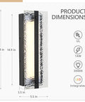 ElilyGiA 16 Inch Modern LED Wall Sconce Vanity Light, Black with dimensions highlighted, showing ripple glass and metal frame.