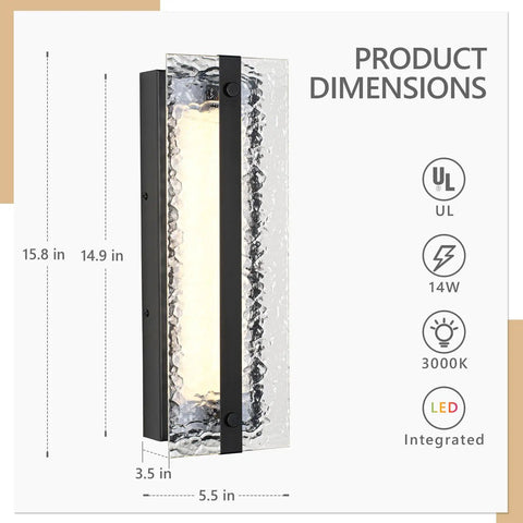 ElilyGiA 16 Inch Modern LED Wall Sconce Vanity Light, Black with dimensions highlighted, showing ripple glass and metal frame.