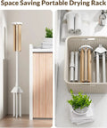 Foldable Wood Clothes Drying Rack With Eight Adjustable Rods shown folded for storage indoors in a basket and upright position.