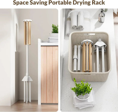 Foldable Wood Clothes Drying Rack With Eight Adjustable Rods shown folded for storage indoors in a basket and upright position.