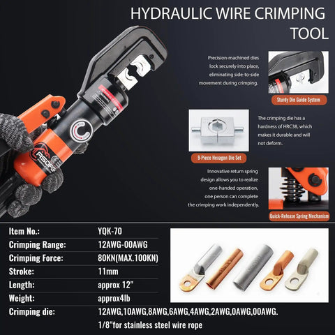 Workhorse Hydraulic Crimping Tool For 12 AWG To Two Zero Gauge Wire, 8 Ton Crimper With 9 Die Set And Ergonomic Handle For Electrical, Battery, And Welding Cables, Heavy Duty, Long Lasting Performance, with 9-die set and hex dies