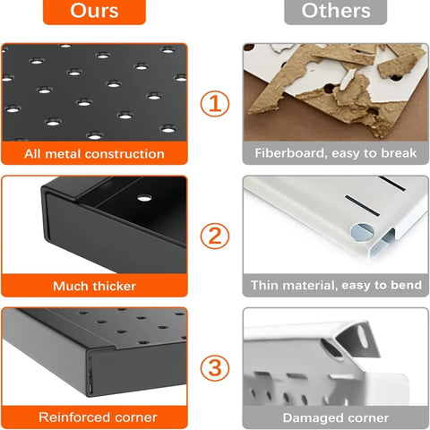 Comparison of Heavy Duty Metal Pegboard Panels Pack Of 3 For Wall Mount Garage Tool Storage with inferior fiberboard alternative.