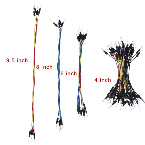 Assorted lengths of male-to-male jumper wires for Three 400-Point Solderless Breadboards Bundle With 65 Flexible Male To Male Jumper Wires For Prototyping ABS Plastic Boards With Clearly Labeled Rows And Columns Easy Build Circuit Kit.