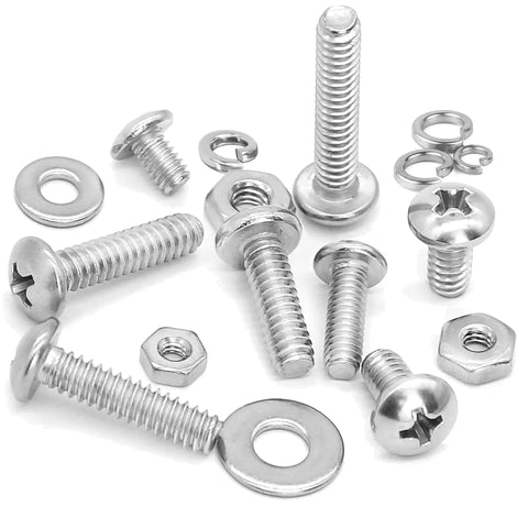 Beefy 304 Stainless Steel Machine Screw Kit 1007 Pcs with nuts, flat and spring washers, Phillips pan head screws visible