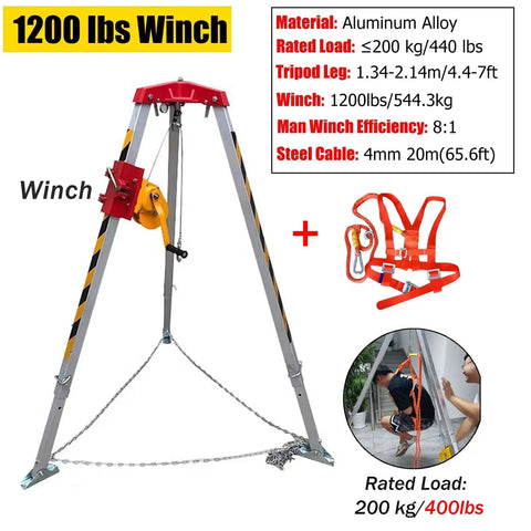 Heavy Duty Pulley Hoist Aluminum Rescue Tripod Worksite Ready Lift Kit For Emergency Rescue Confined Spaces Warehouses Garages Roofs And Wells With Self Locking Winch Steel Cable And Safety Belt 1200LBS
