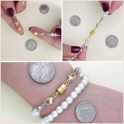 Magnetic Necklace Clasp Set With Double Lobster Clasps, Extra Strong Extender For Bracelets And Necklaces in use with pearls.