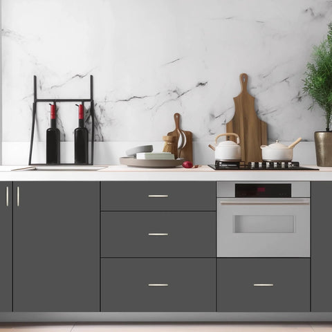 Modern kitchen featuring 30 Pack Curved Cabinet Pulls With 3 Inch Center Hole Brushed Nickel Zinc Alloy Durable Handles on dark cabinets.