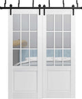 Felicia 3599 Bypass Barn Door Kit with clear glass and solid wood panels, white 84x96 inches, rail and hardware included, classic style.