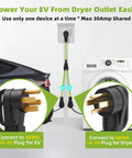 Heavy Duty 30 Amp Nema Y Splitter Adapter With Three Foot Cable connecting EV to dryer outlet for efficient charging.