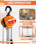 Front view of orange 1/2-ton hand chain hoist with black top hook and hanging steel chains.